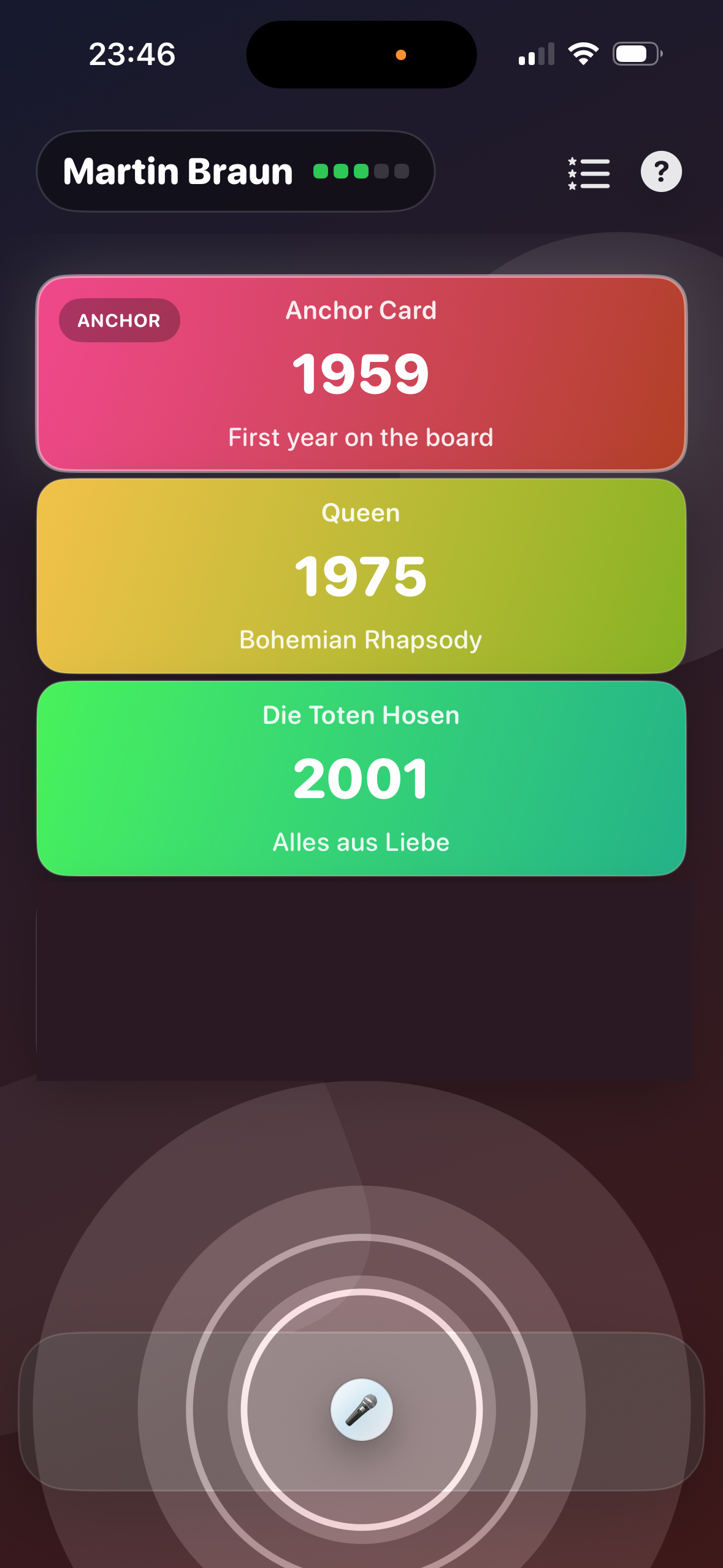 Chrono Vibes screenshot: listening to a song snippet with the microphone button