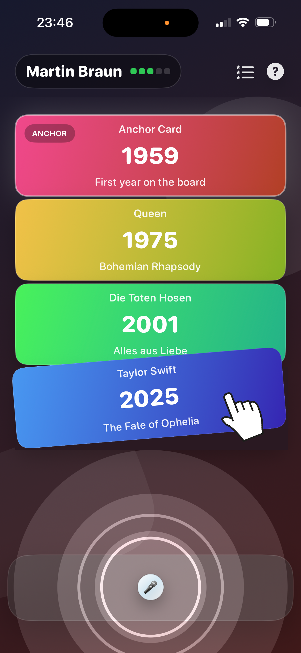 Chrono Vibes screenshot: dragging a mystery card into a year timeline